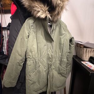 GAP Girls Olive Green Hooded Coat with Faux Fur Trim